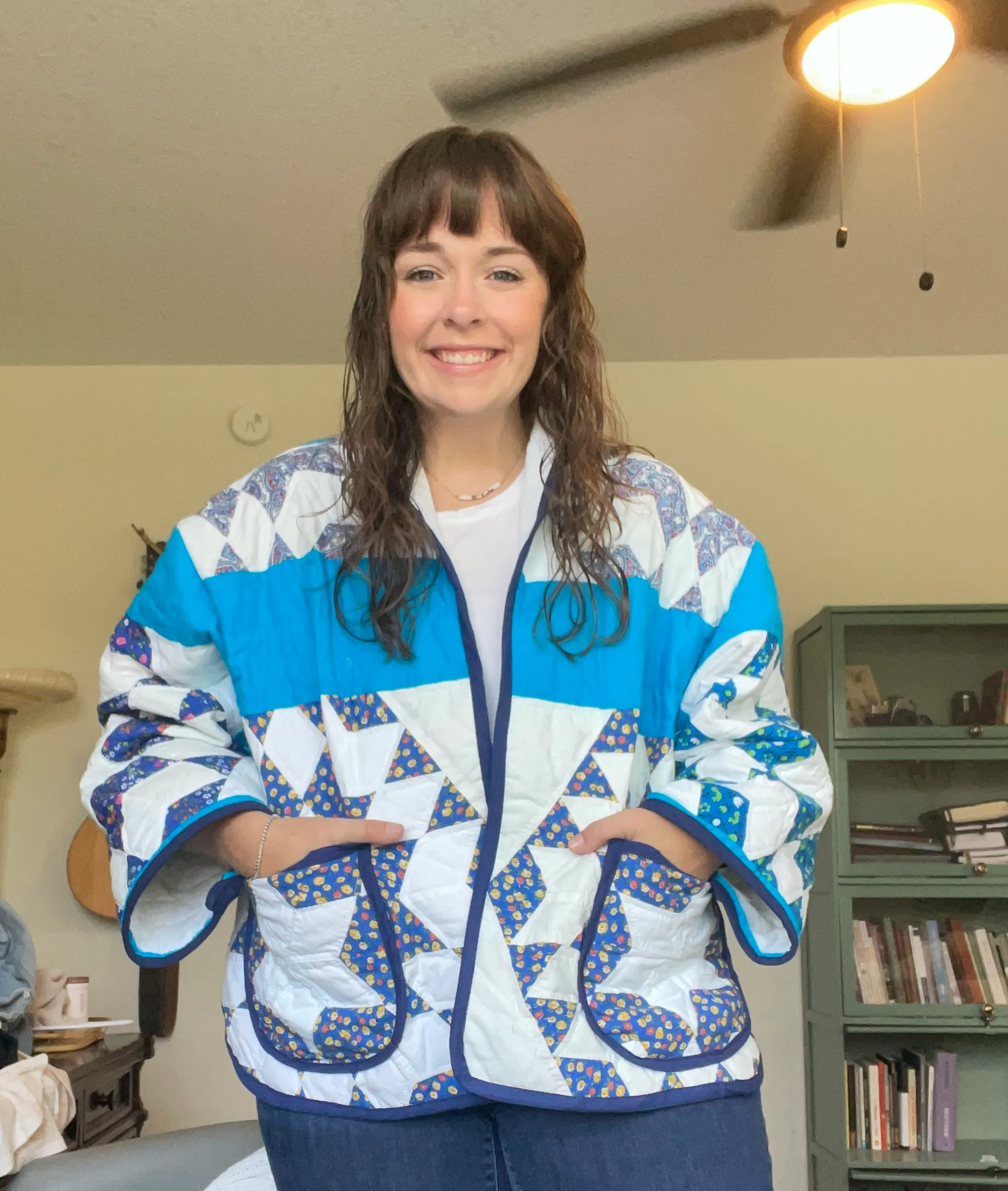 Blue and white patchwork quilt jacket